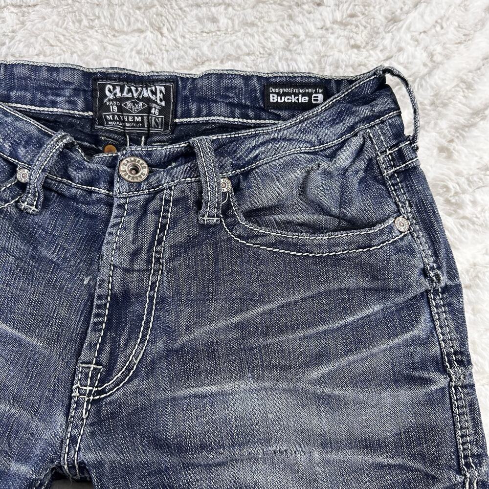 Buckle Salvage Jeans Men’s -31 S- Denim Blue Mayhem Regular Bootcut Distressed - Picture 3 of 16